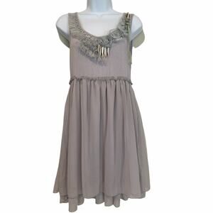 Forla Paris Womens Silvery Grey Dress Rosette & Bead Details Tulle Overlay Small